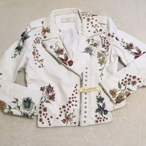 Blank NYC studded white faux leather jacket floral